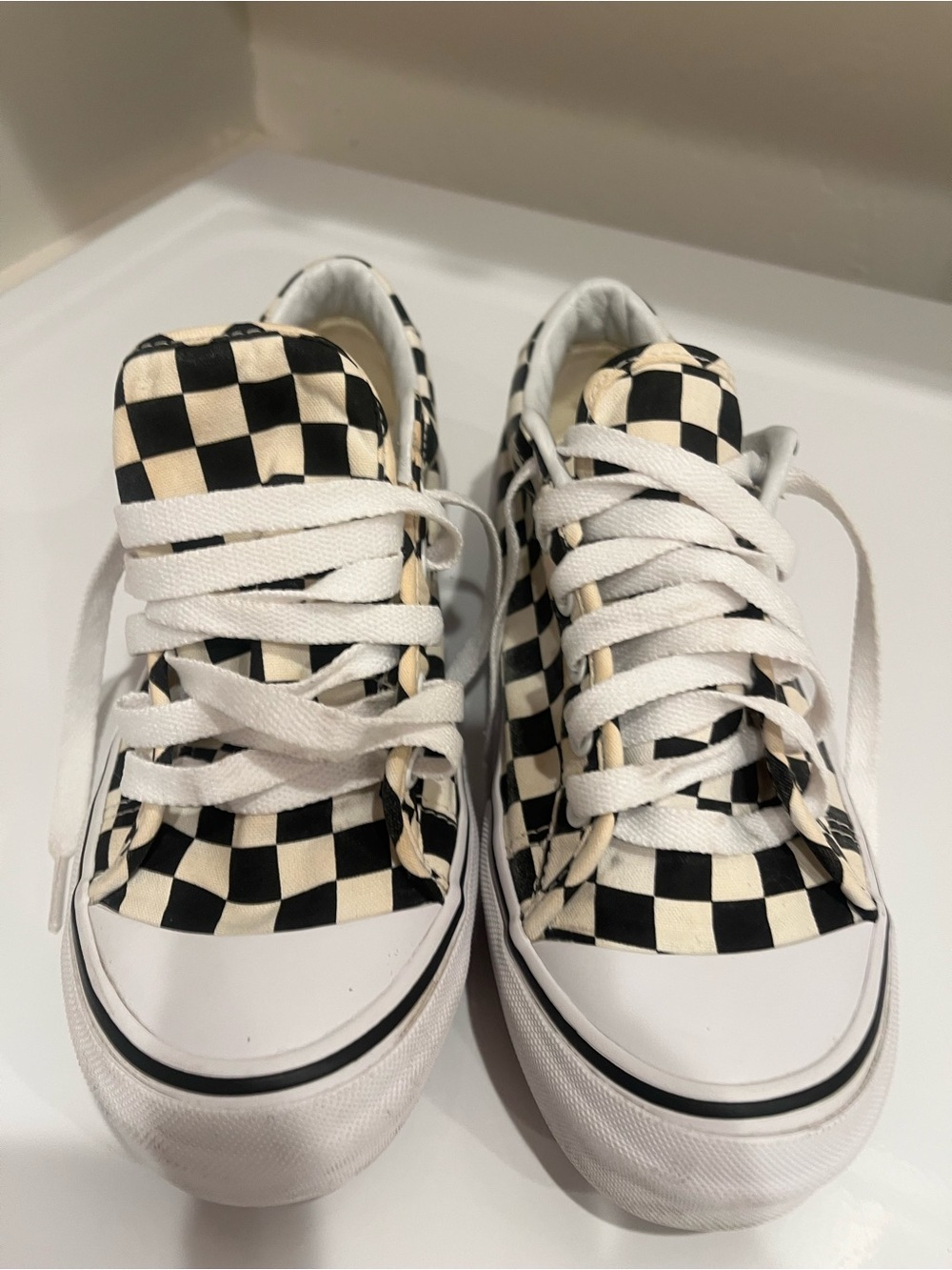 Checkerboard Canvas Lace-Up Sneakers in Black and Cream